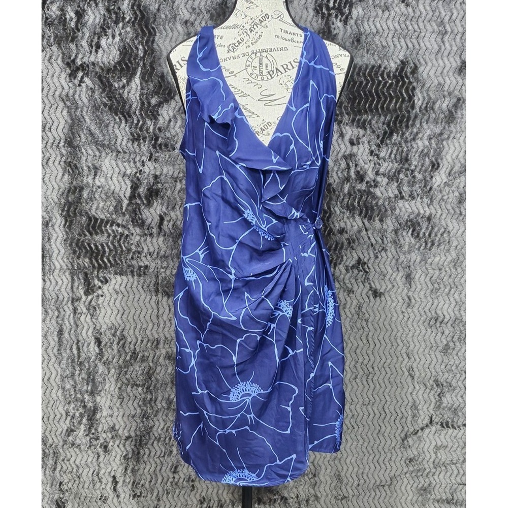 Parker Wrap Dress L Blue Floral Ruffle Hawaiian 100% Silk Paradise Cruise Resort